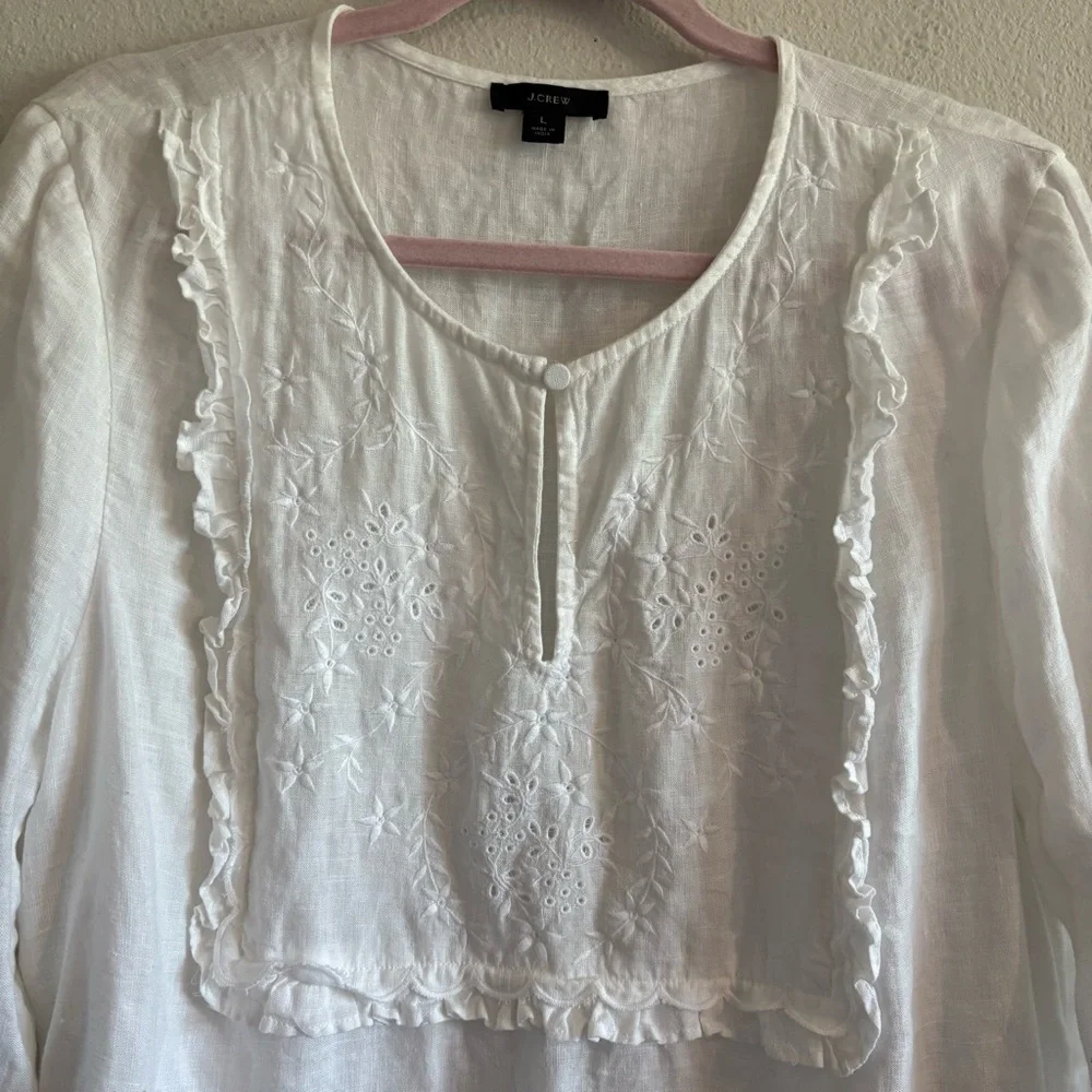 J. Crew Embroidered Tunic Top 100% Linen Blouse Women’s Large White Eyelet-Lace